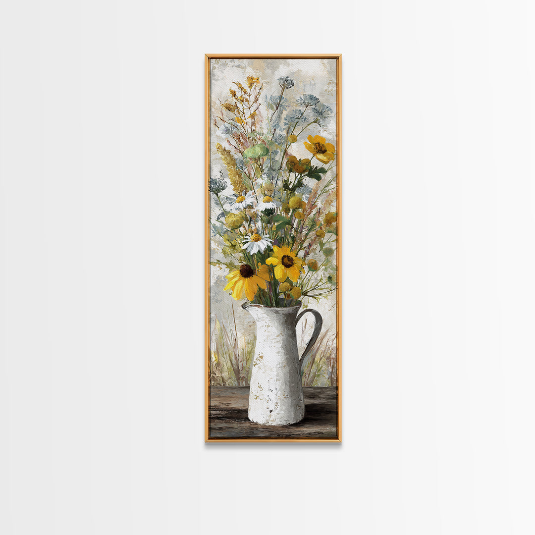 Country Wildflowers in a Chipped Ceramic Pitcher Canvas Print, Bed and Breakfast Art, Decor, Living Room Decor, BAB-1x3-61