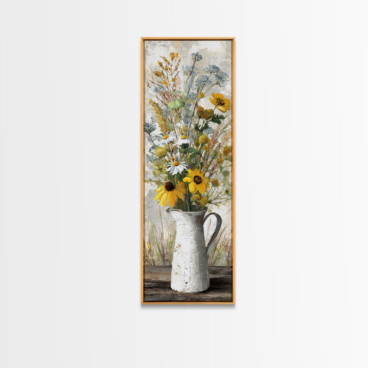 Country Wildflowers in a Chipped Ceramic Pitcher Canvas Print, Bed and Breakfast Art, Decor, Living Room Decor, BAB-1x3-61