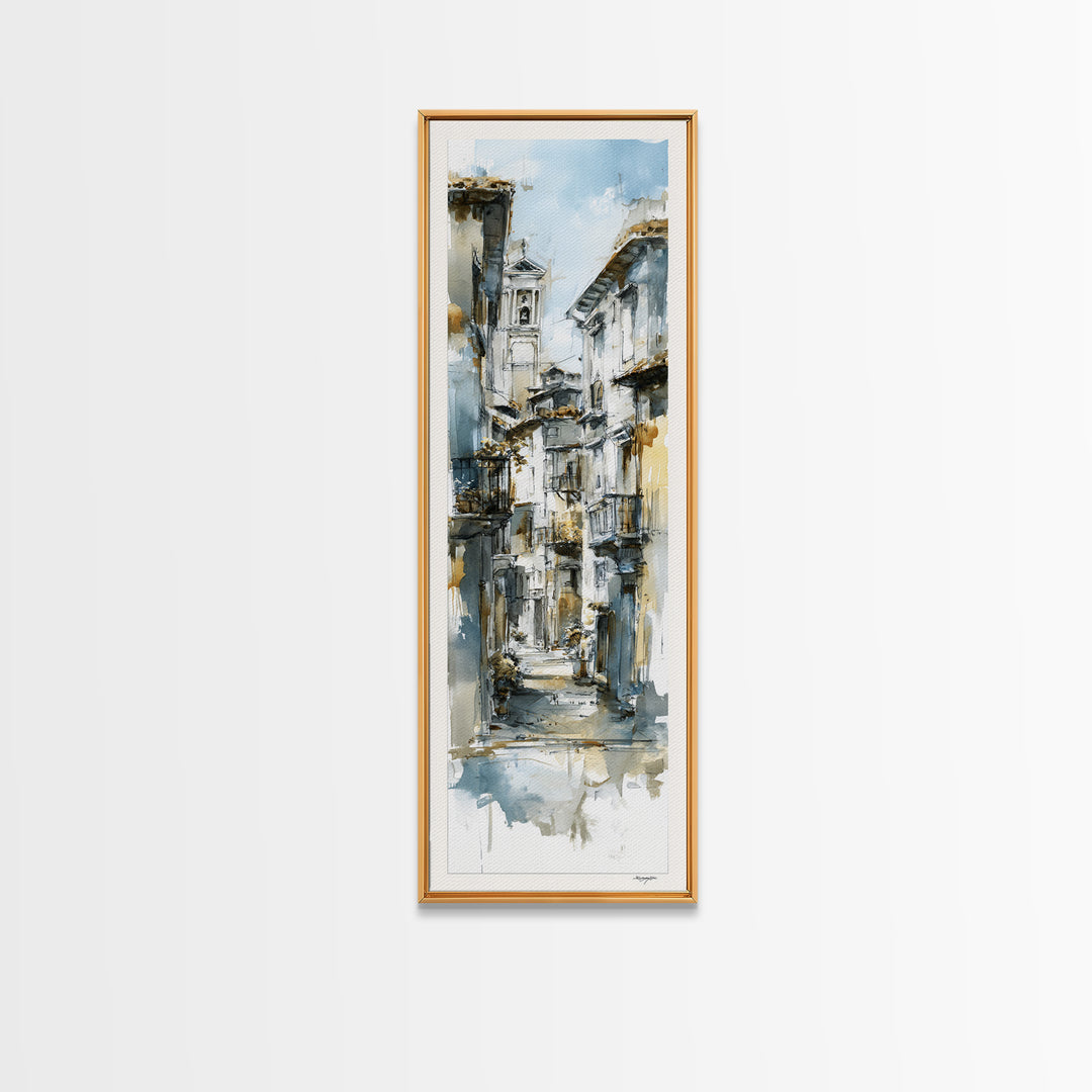Soft Watercolor Village Street at Dawn Canvas Print, Bed and Breakfast Art, Print, Living Room Decor, Fine Art, BAB-1x3-65