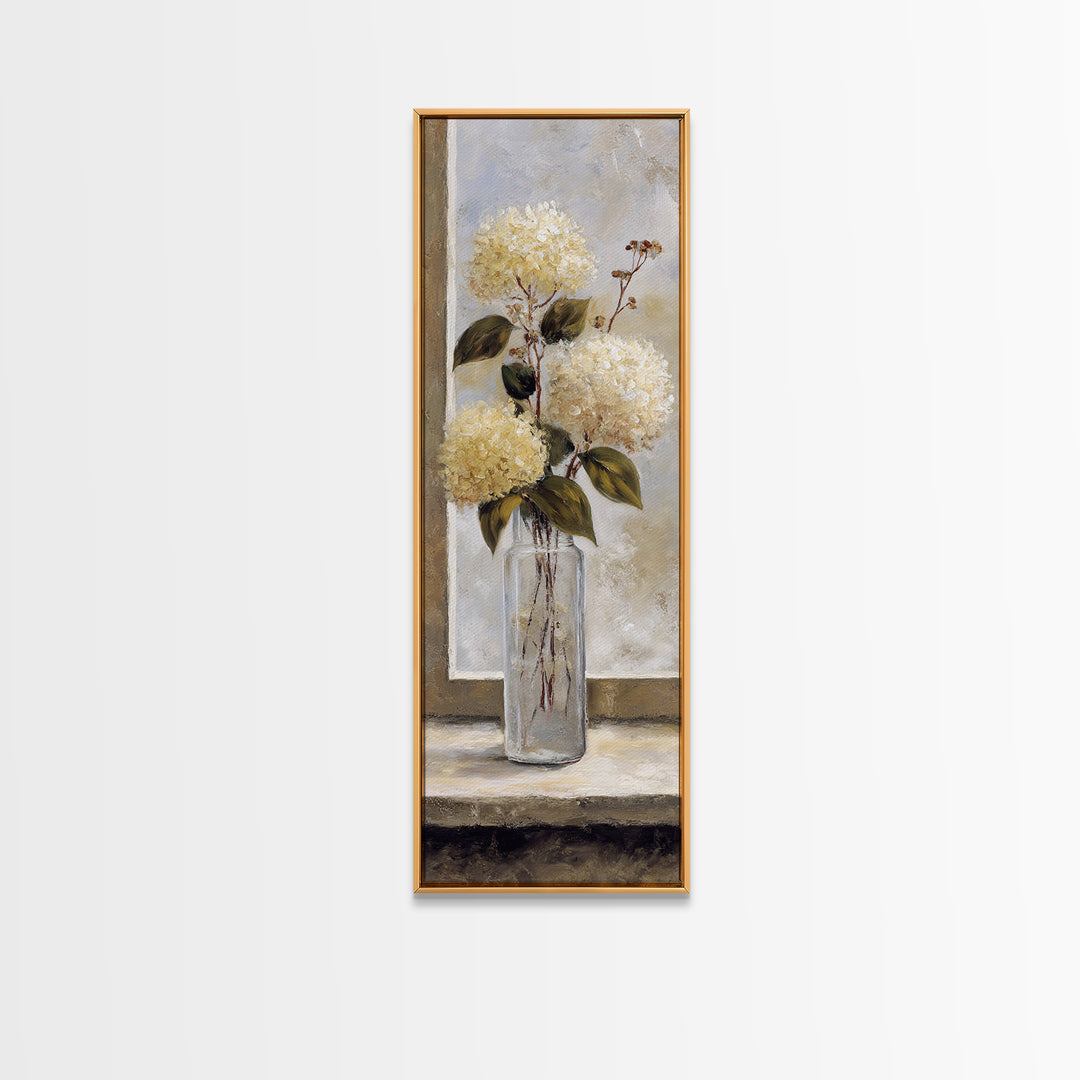 Sunlit Hydrangeas on a Windowsill Framed Canvas Print, Bed and Breakfast Art, Modern Decor, Living Room Decor, Fine Art, BAB-1x3-70