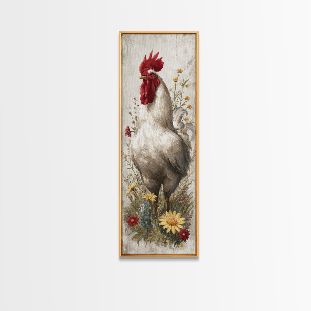 Rooster and Wildflower Country Portrait Canvas Print, Bed and Breakfast Art, Coffee Wall Art, Living Room Decor, BAB-1x3-79