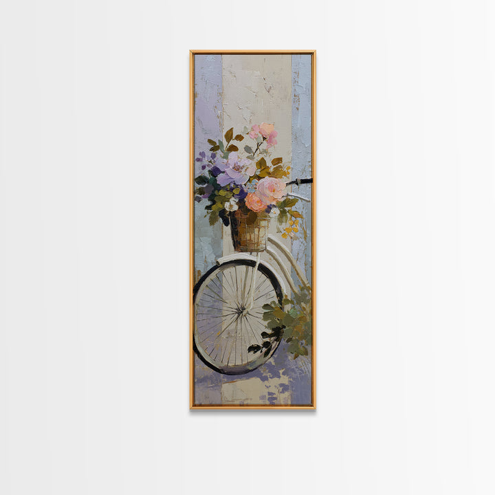 Old Bicycle with Flowers in Basket Framed Canvas Print, Bed and Breakfast Art, Folk Art, Living Room Decor, Watercolor Art, BAB-1x3-83