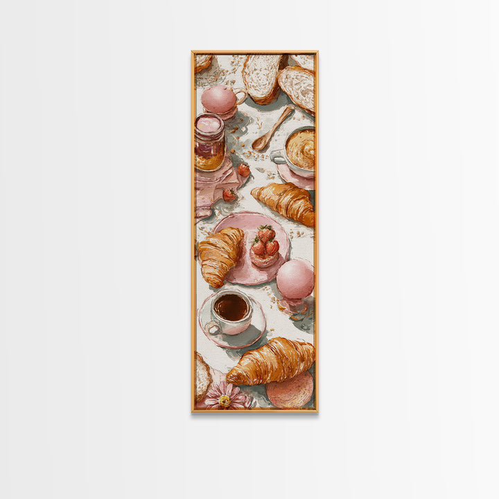 Fresh Croissants and Jam on a Linen Canvas Print, Bed and Breakfast Art, Contemporary Art, Living Room Decor, Abstract Art, BAB-1x3-86