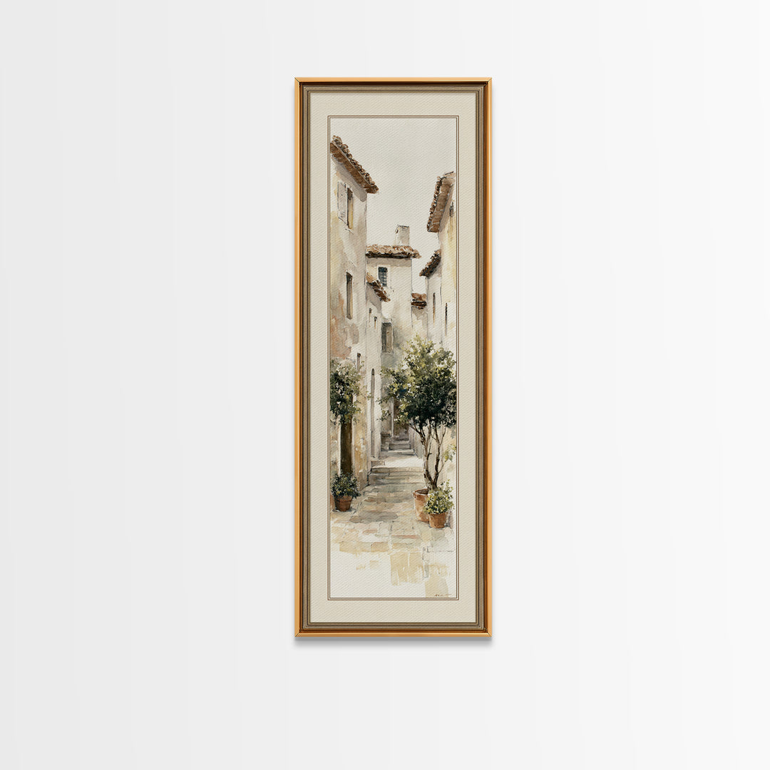 Soft Watercolor Village Street at Dawn Canvas Print, Bed and Breakfast Art, Folk Art, Living Room Decor, Fine Art, BAB-1x3-89