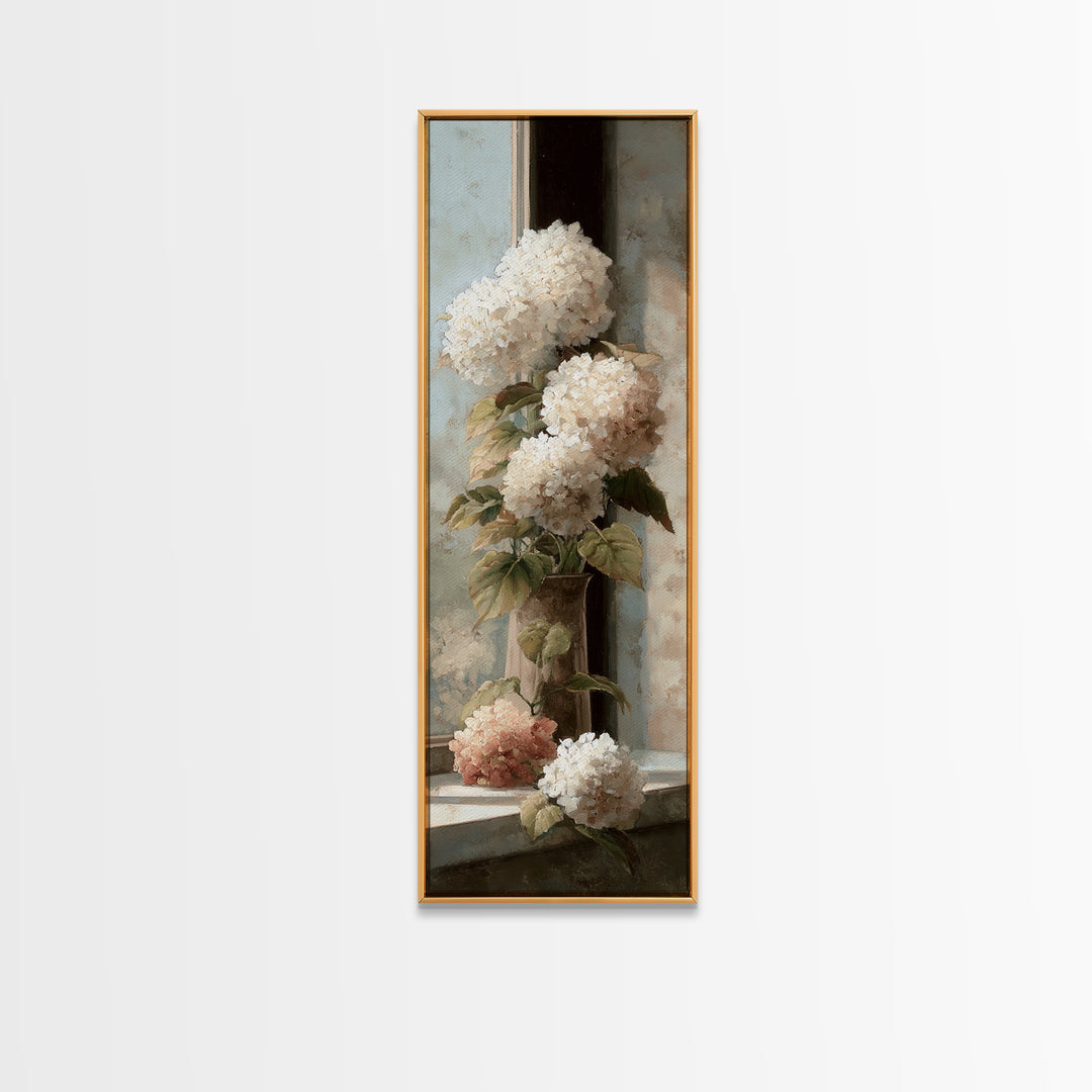 Sunlit Hydrangeas on a Windowsill Canvas Print, Bed and Breakfast Art, Room Decor, Living Room Decor, Fine Art, BAB-1x3-94