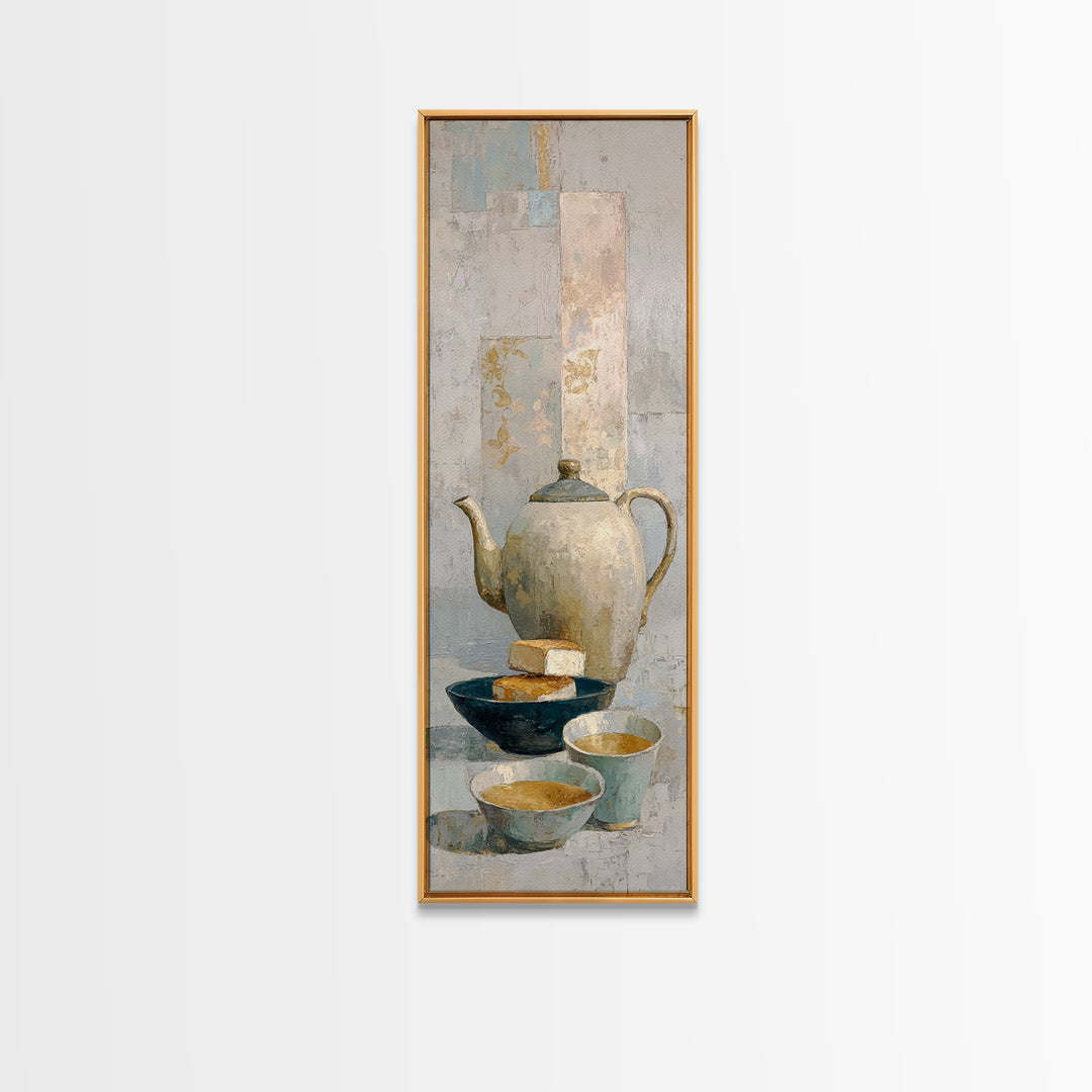 Porcelain Teapot and Scones Framed Canvas Print, Bed and Breakfast Art, Bedroom Prints, Living Room Decor, Abstract Art, BAB-1x3-96