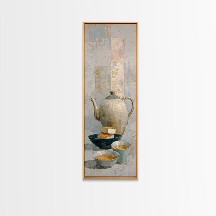 Porcelain Teapot and Scones Framed Canvas Print, Bed and Breakfast Art, Bedroom Prints, Living Room Decor, Abstract Art, BAB-1x3-96