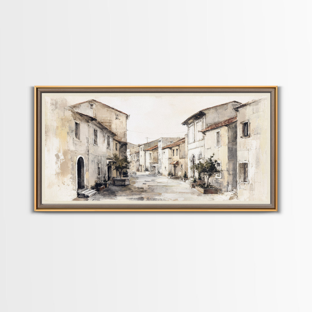 Soft Watercolor Village Street at Dawn Framed Canvas Print, Bed and Breakfast Art, Printable, Living Room Decor, Fine Art, BAB-2x1-1