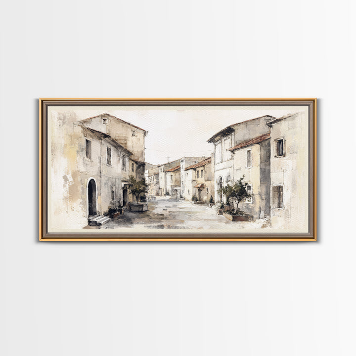 Soft Watercolor Village Street at Dawn Framed Canvas Print, Bed and Breakfast Art, Printable, Living Room Decor, Fine Art, BAB-2x1-1