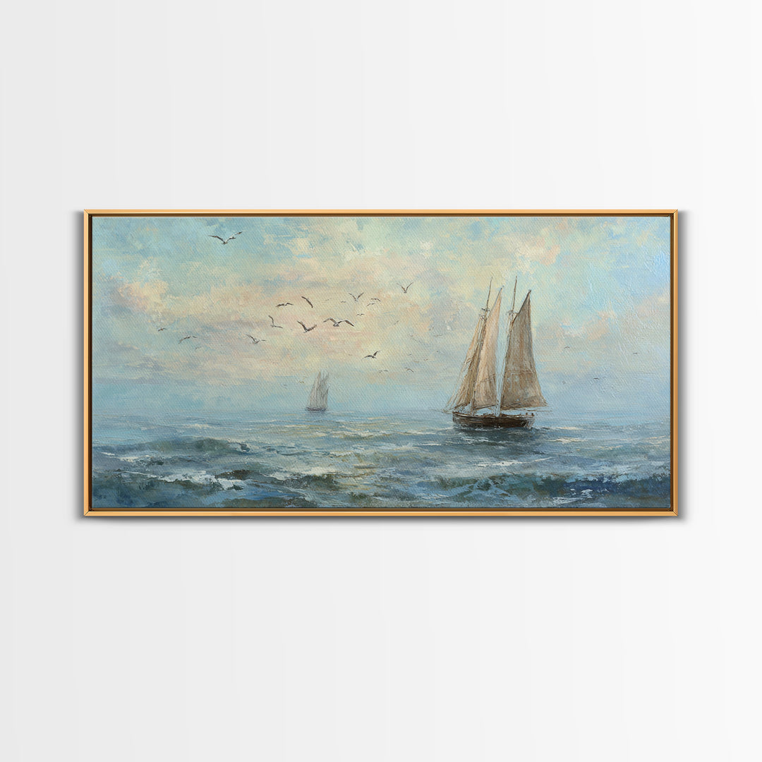 Coastal Inn Sailboat at Sunrise Framed Canvas Print, Bed and Breakfast Art, Print, Living Room Decor, Fine Art, BAB-2x1-13