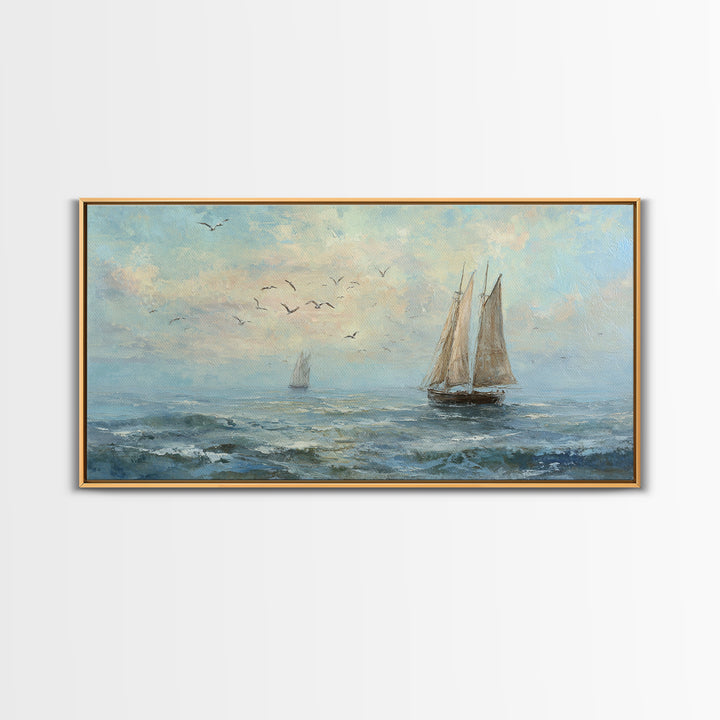 Coastal Inn Sailboat at Sunrise Framed Canvas Print, Bed and Breakfast Art, Print, Living Room Decor, Fine Art, BAB-2x1-13