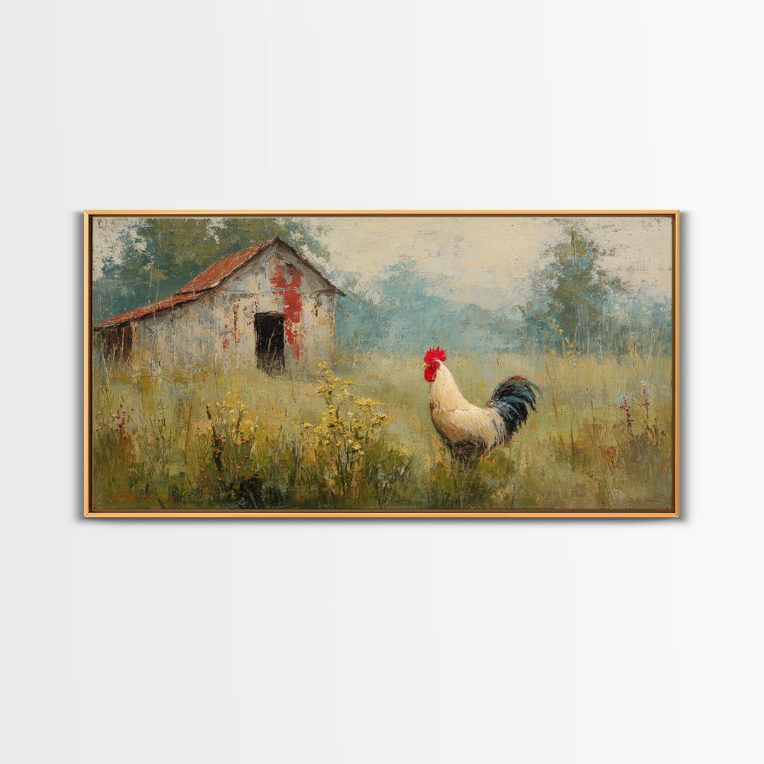Rooster and Wildflower Country Portrait Framed Canvas Print, Bed and Breakfast Art, Home Decor, Living Room Decor, Fine Art, BAB-2x1-15