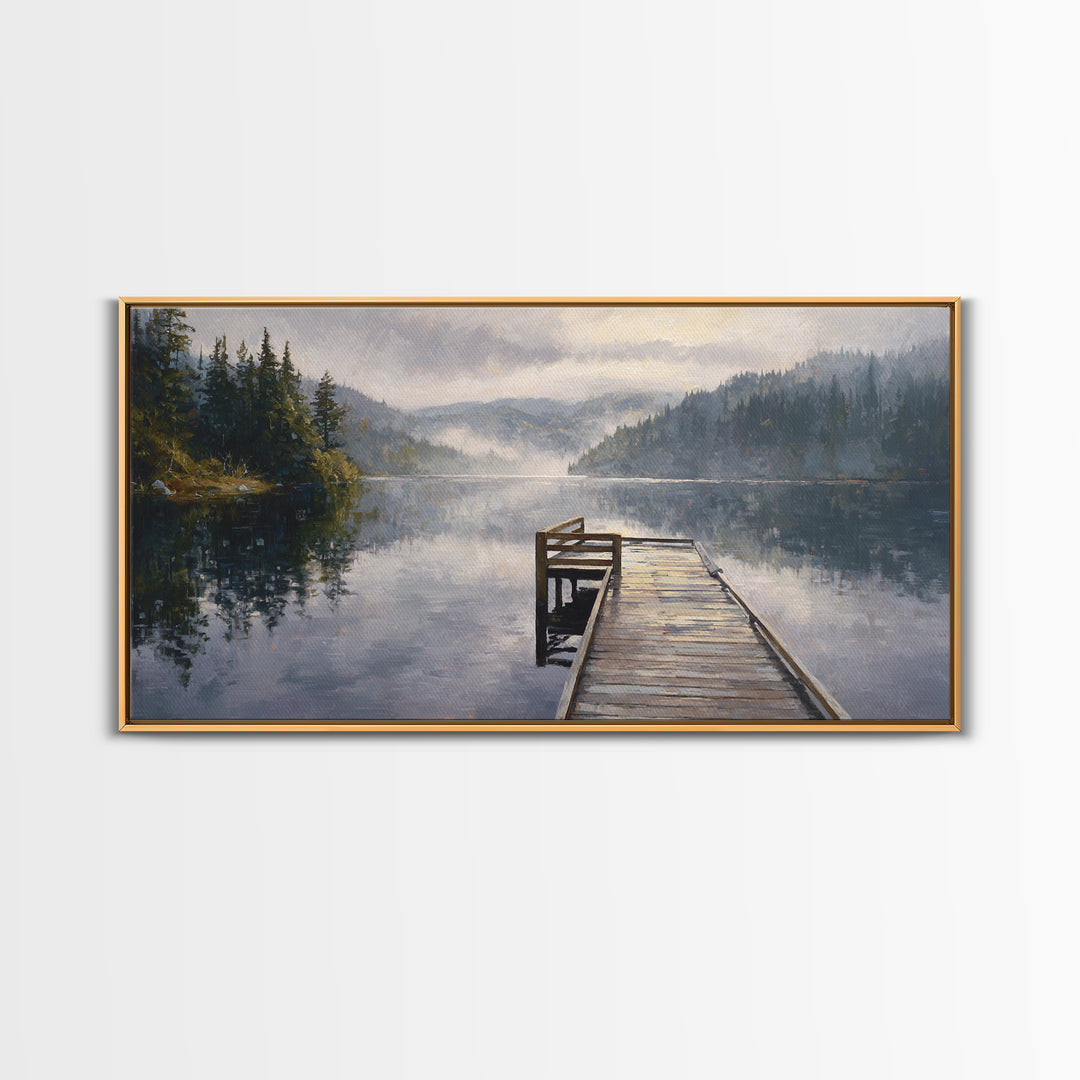 Quiet Lake Dock at Early Morning Framed Canvas Print, Bed and Breakfast Art, Room Decor, Living Room Decor, Fine Art, BAB-2x1-18