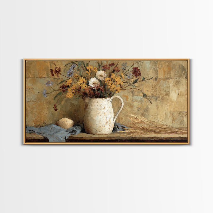 Country Wildflowers in a Chipped Ceramic Pitcher Canvas Print, Bed and Breakfast Art, Digital Art, Living Room Decor, Fine Art, BAB-2x1-21