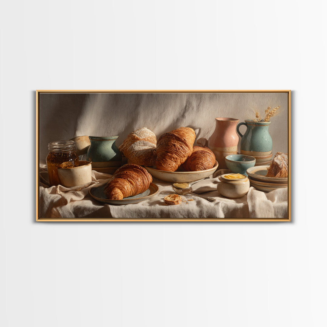 Fresh Croissants and Jam on a Linen Canvas Print, Bed and Breakfast Art, Textured Painting, Living Room Decor, Abstract Art, BAB-2x1-22