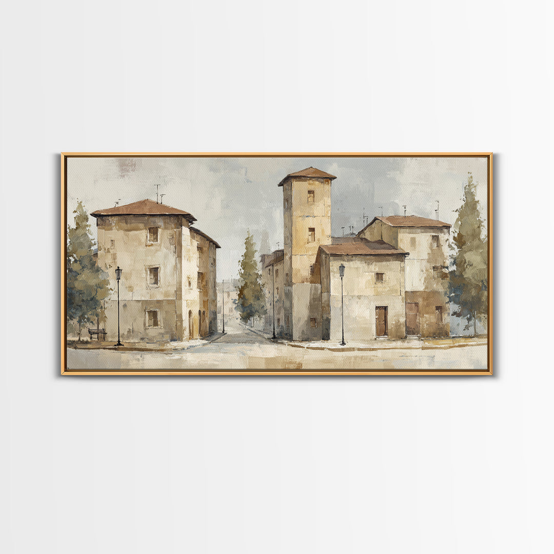 Soft Watercolor Village Street at Dawn Framed Canvas Print, Bed and Breakfast Art, Printable, Living Room Decor, Fine Art, BAB-2x1-25