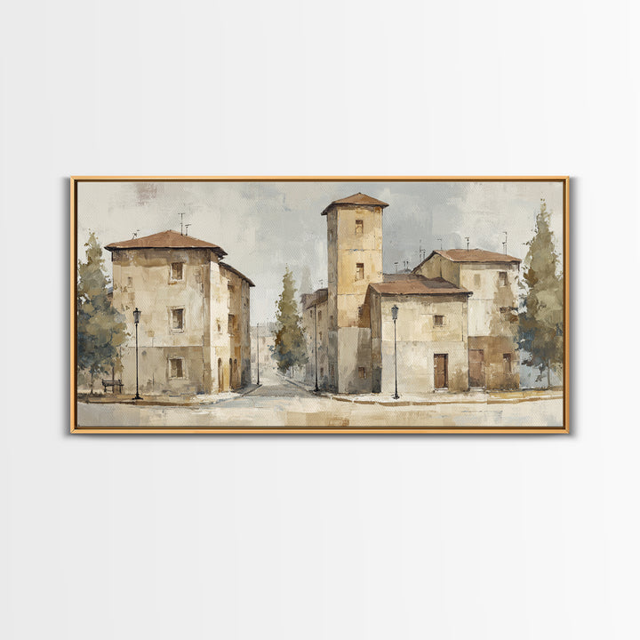 Soft Watercolor Village Street at Dawn Framed Canvas Print, Bed and Breakfast Art, Printable, Living Room Decor, Fine Art, BAB-2x1-25