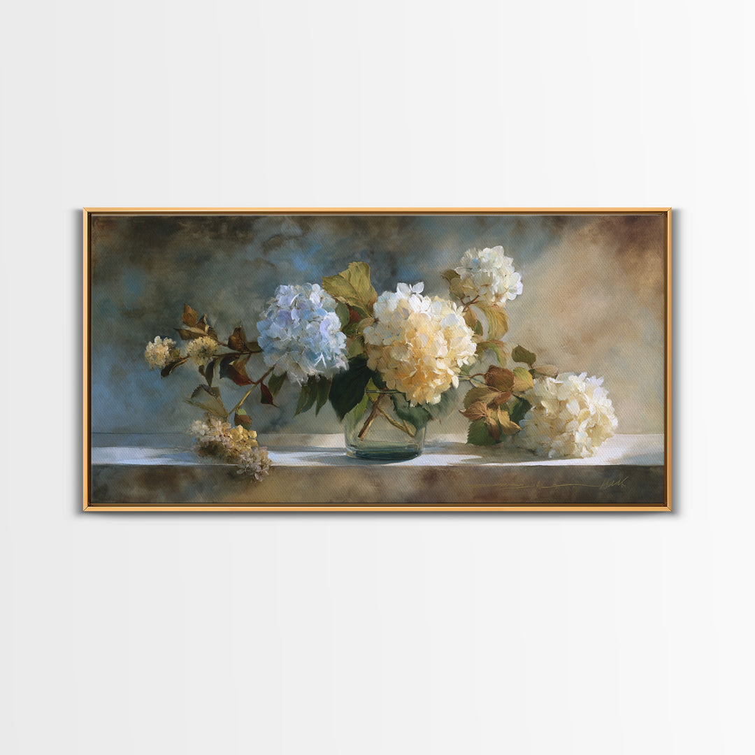 Sunlit Hydrangeas on a Windowsill Framed Canvas Print, Bed and Breakfast Art, Minimalist Decor, Living Room Decor, Fine Art, BAB-2x1-30