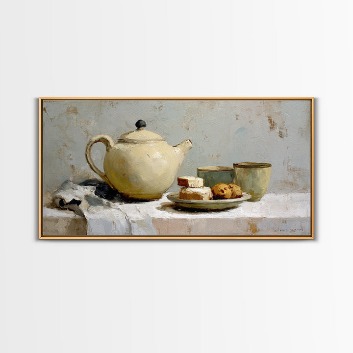 Porcelain Teapot and Scones Canvas Print, Bed and Breakfast Art, Wall Art, Living Room Decor, Oil Painting, Wood Wall Art, BAB-2x1-32