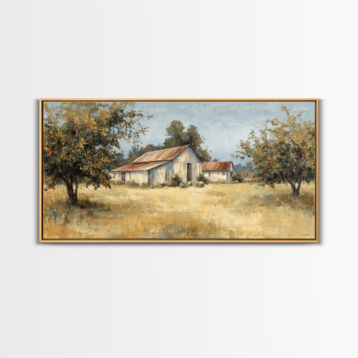 Apple Orchard Scene Framed Canvas Print, Bed and Breakfast Art, Decor, Living Room Decor, Fine Art, Dopamine Decor, BAB-2x1-33