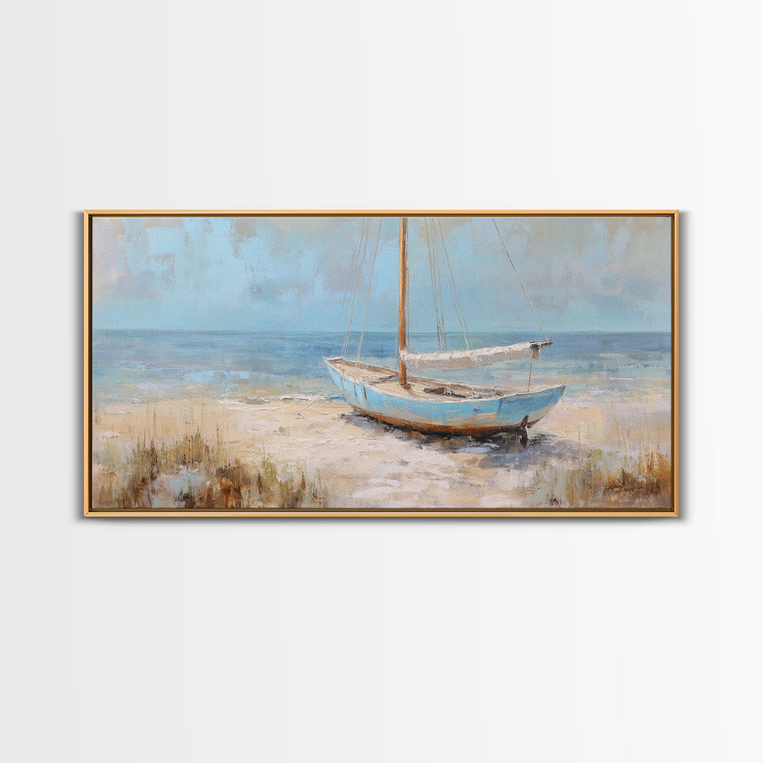 Coastal Inn Sailboat at Sunrise Framed Canvas Print, Bed and Breakfast Art, Print, Living Room Decor, Fine Art, BAB-2x1-37