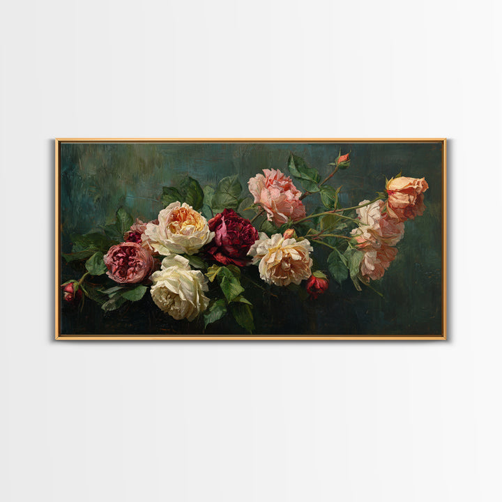 Garden Roses in Romantic Oil Paint Canvas Print, Bed and Breakfast Art, Art Print, Living Room Decor, Fine Art, BAB-2x1-41