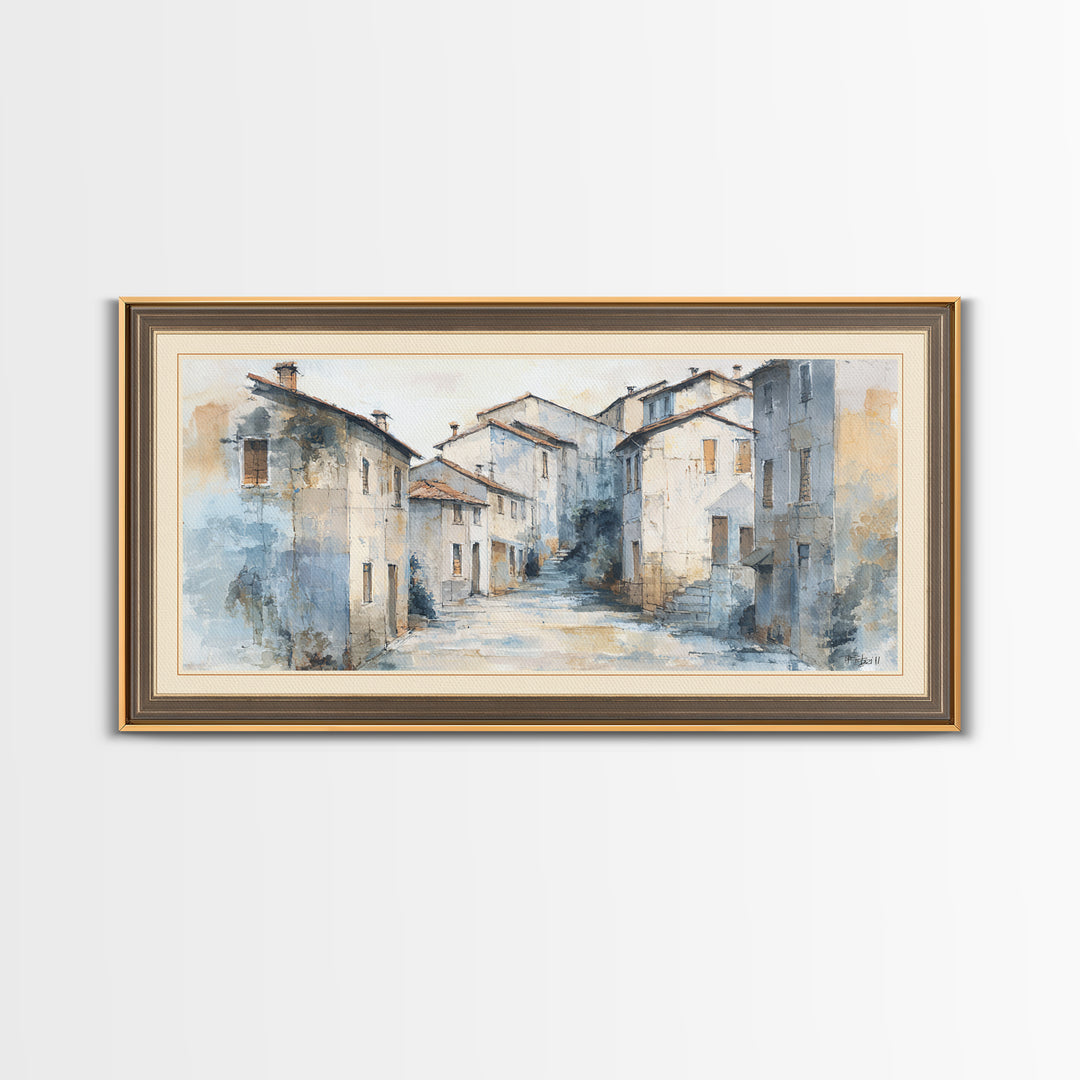 Soft Watercolor Village Street at Dawn Canvas Print, Bed and Breakfast Art, Printable Art, Living Room Decor, Fine Art, BAB-2x1-49