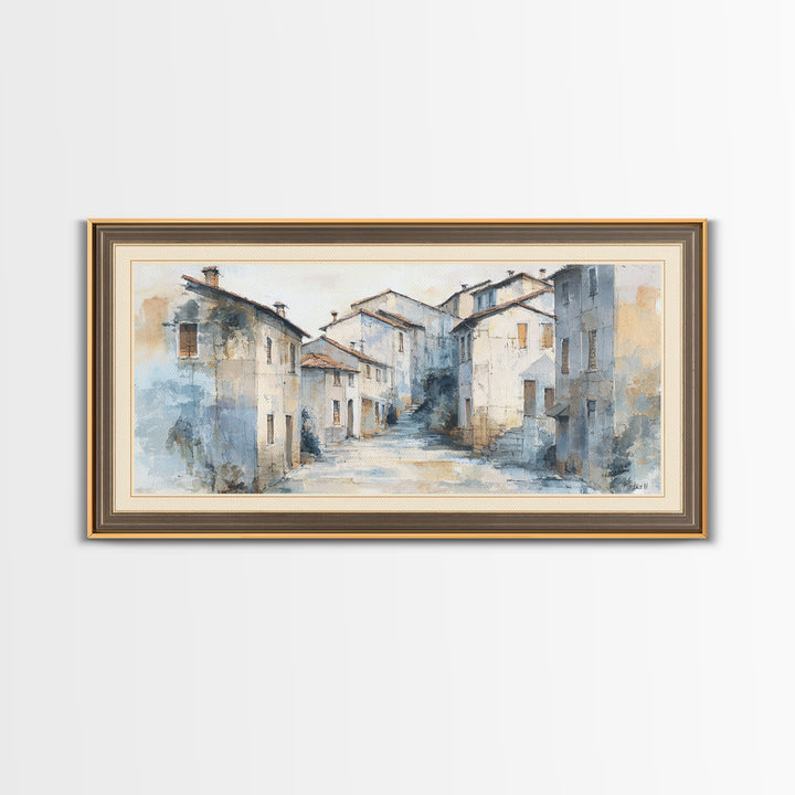 Soft Watercolor Village Street at Dawn Canvas Print, Bed and Breakfast Art, Printable Art, Living Room Decor, Fine Art, BAB-2x1-49
