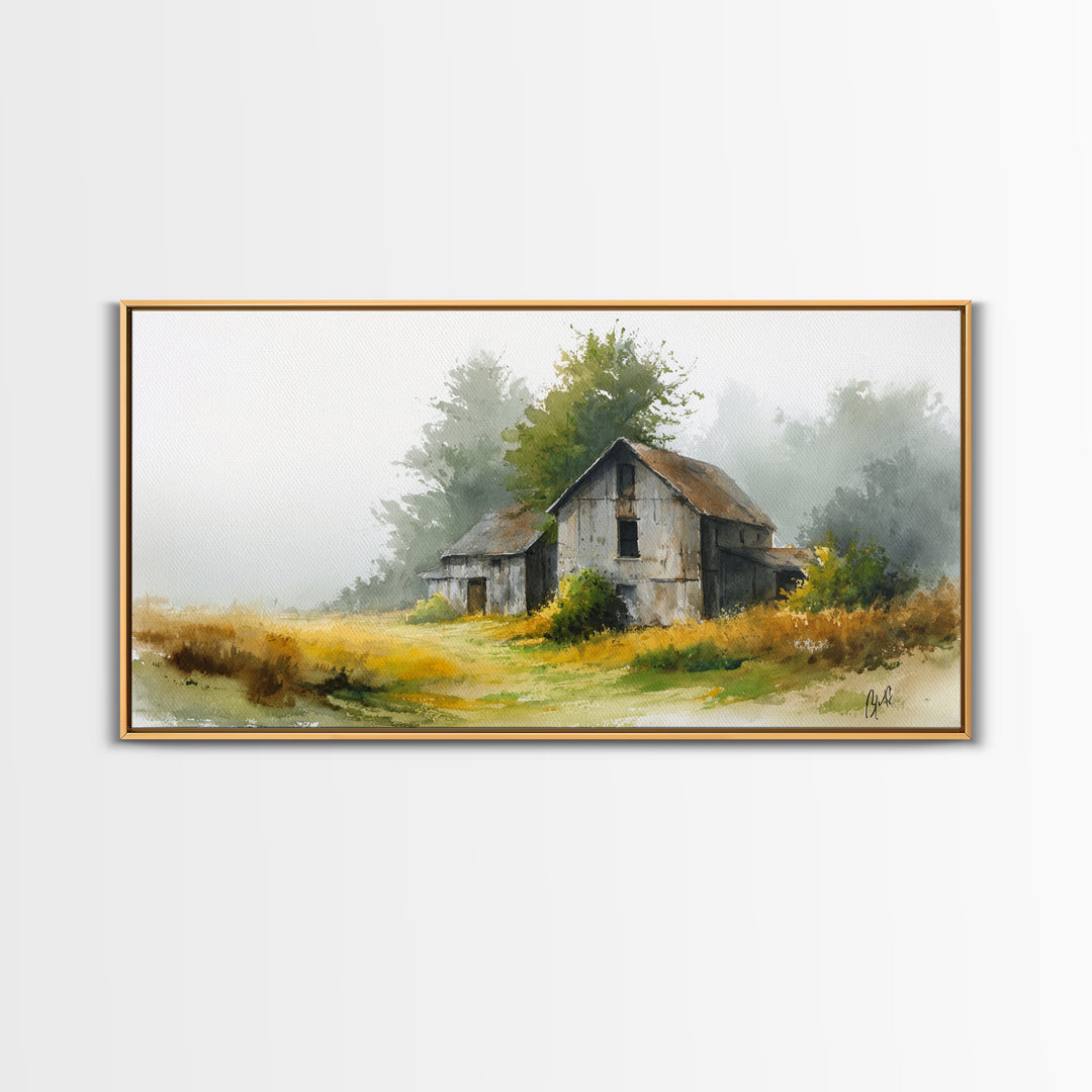Old Farmhouse Landscape Framed Canvas Print, Bed and Breakfast Art, Living Room Decor, Watercolor Art, Folk Art, BAB-2x1-51
