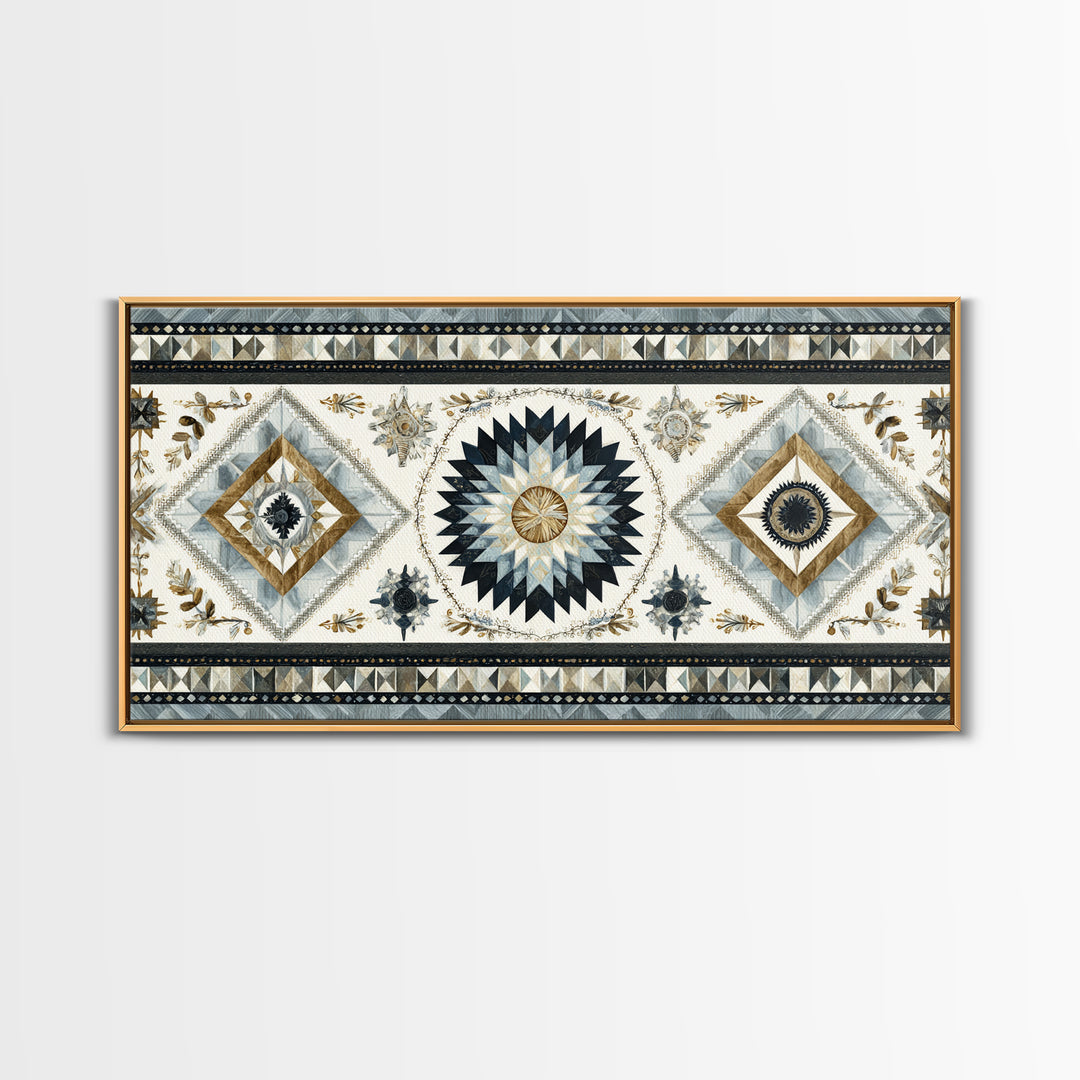 Quilt Pattern Folk Art Composition Framed Canvas Print, Bed and Breakfast Art, Dopamine Decor, Living Room Decor, Fine Art, BAB-2x1-55