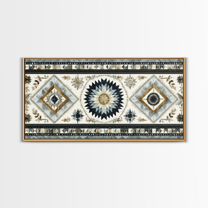 Quilt Pattern Folk Art Composition Framed Canvas Print, Bed and Breakfast Art, Dopamine Decor, Living Room Decor, Fine Art, BAB-2x1-55