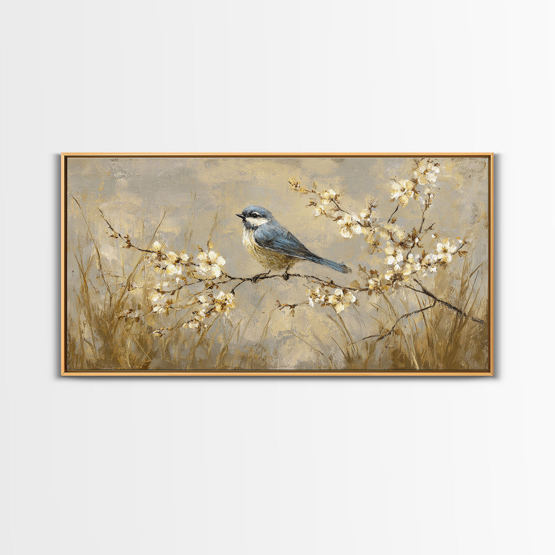 Small Bird on a Flowering Branch Canvas Print, Bed and Breakfast Art, Print, Living Room Decor, Watercolor Art, BAB-2x1-58