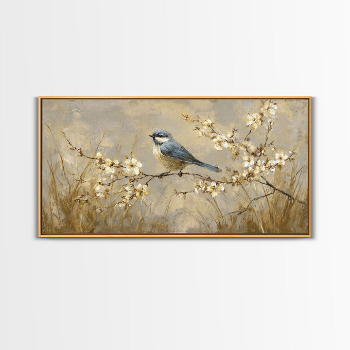 Small Bird on a Flowering Branch Canvas Print, Bed and Breakfast Art, Print, Living Room Decor, Watercolor Art, BAB-2x1-58