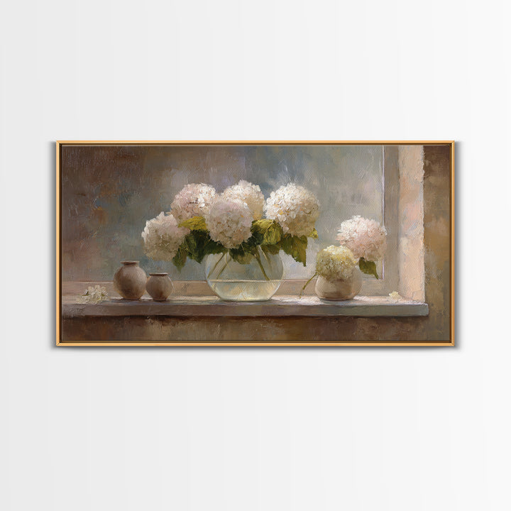 Sunlit Hydrangeas on a Windowsill Framed Canvas Print, Bed and Breakfast Art, Minimalist Decor, Living Room Decor, Fine Art, BAB-2x1-6