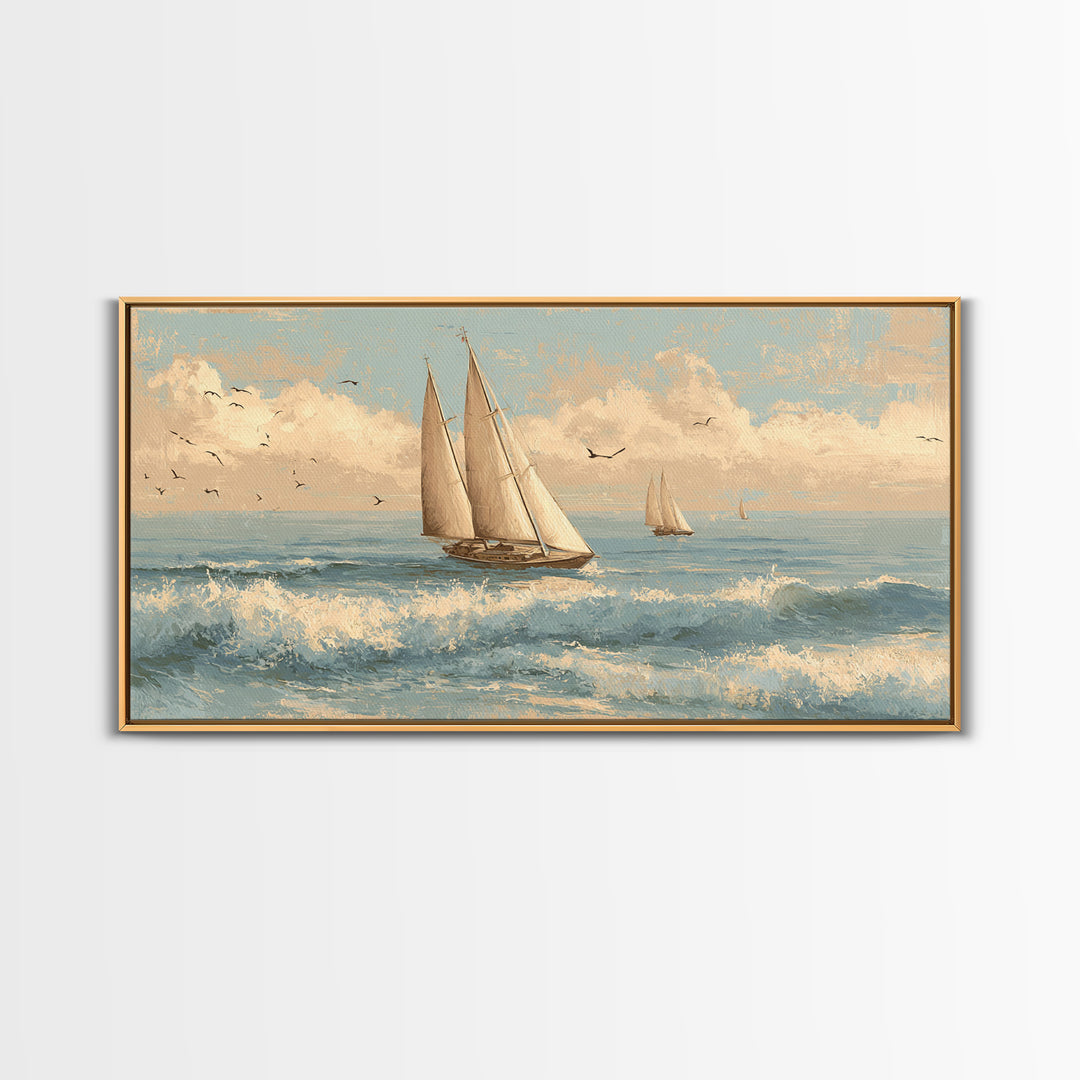 Coastal Inn Sailboat at Sunrise Canvas Print, Bed and Breakfast Art, Abstract Art, Living Room Decor, Fine Art, BAB-2x1-61