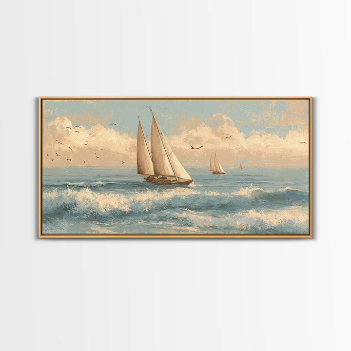 Coastal Inn Sailboat at Sunrise Canvas Print, Bed and Breakfast Art, Abstract Art, Living Room Decor, Fine Art, BAB-2x1-61