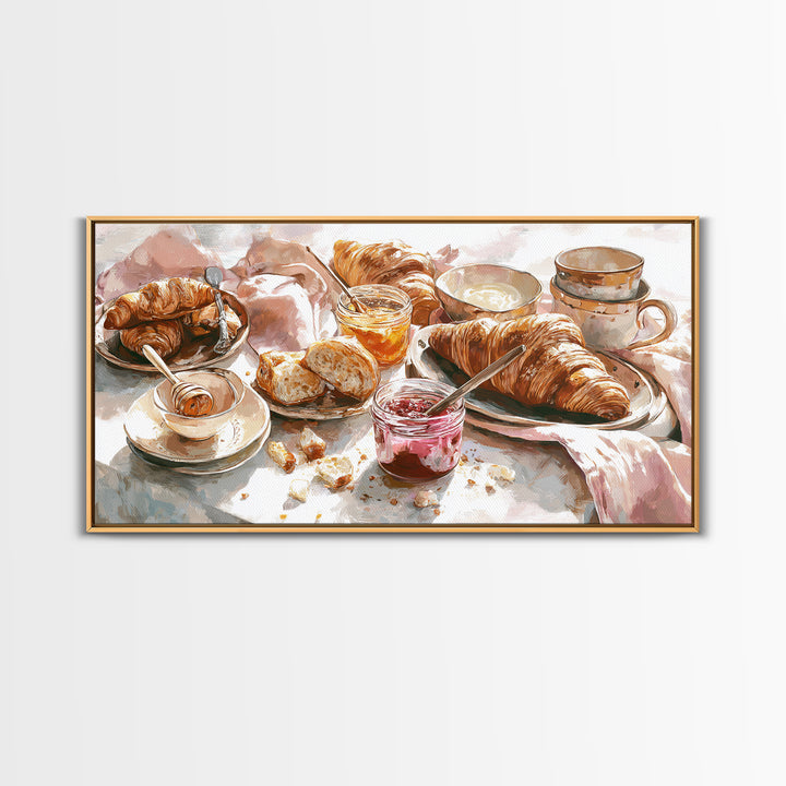 Fresh Croissants and Jam on a Linen Canvas Print, Bed and Breakfast Art, Printable, Living Room Decor, Fine Art, BAB-2x1-70