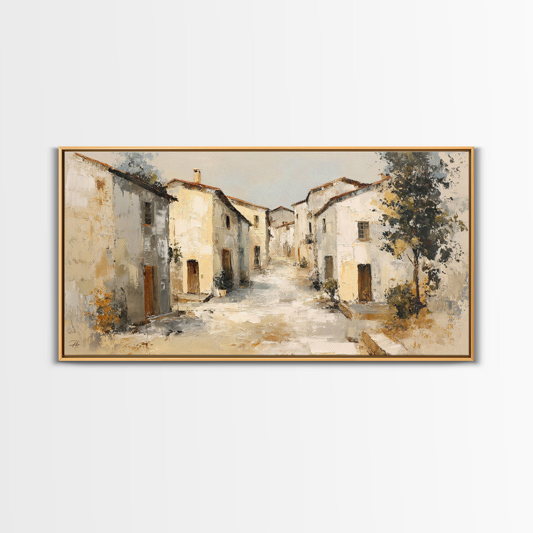 Soft Watercolor Village Street at Dawn Canvas Print, Bed and Breakfast Art, Printable Art, Living Room Decor, Fine Art, BAB-2x1-73