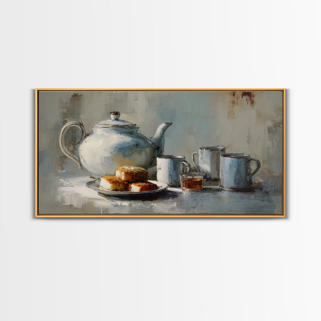 Porcelain Teapot and Scones Framed Canvas Print, Bed and Breakfast Art, Bed, Living Room Decor, Fine Art, Rustic Home Decor, BAB-2x1-80