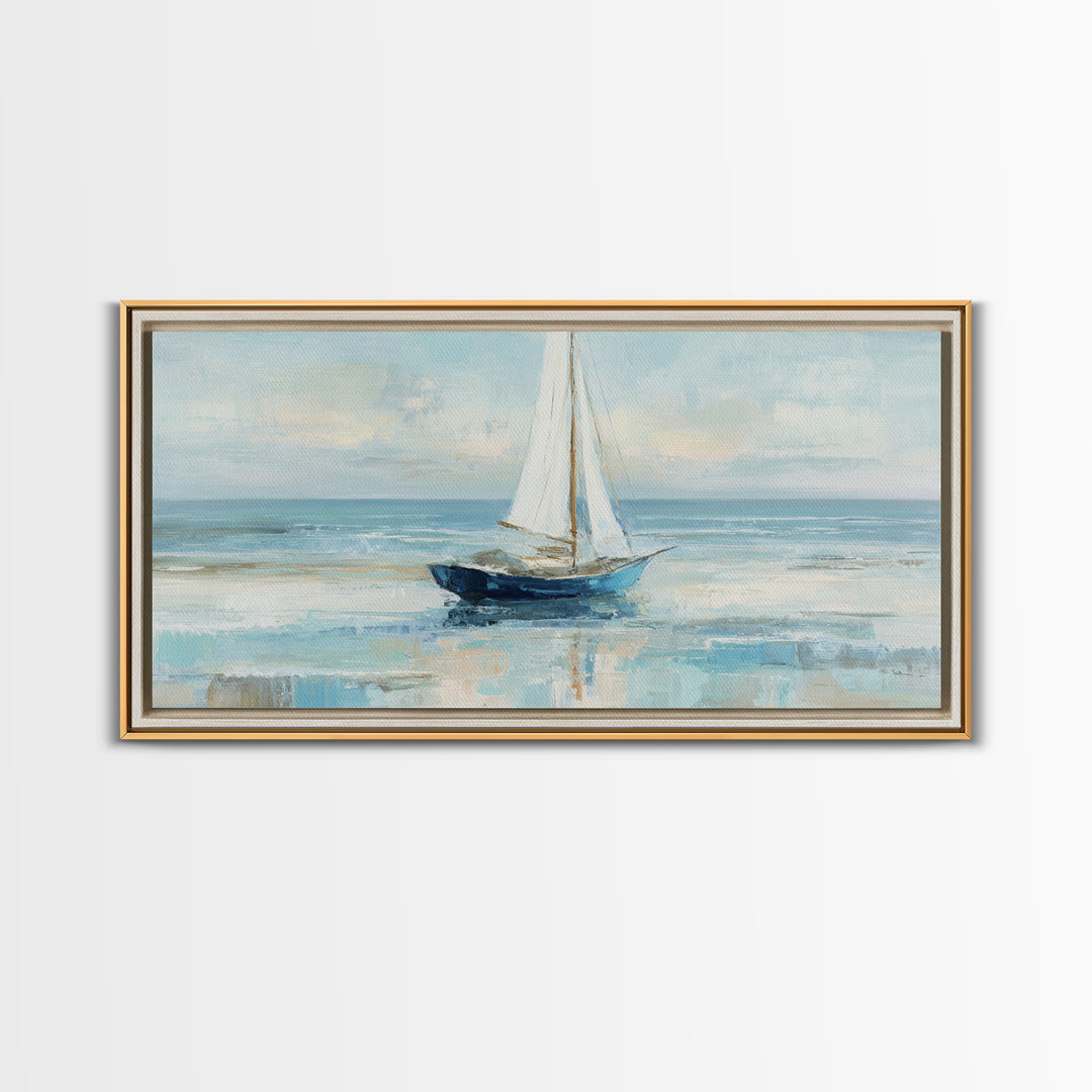 Coastal Inn Sailboat at Sunrise Framed Canvas Print, Bed and Breakfast Art, Dopamine Decor, Living Room Decor, Fine Art, BAB-2x1-85