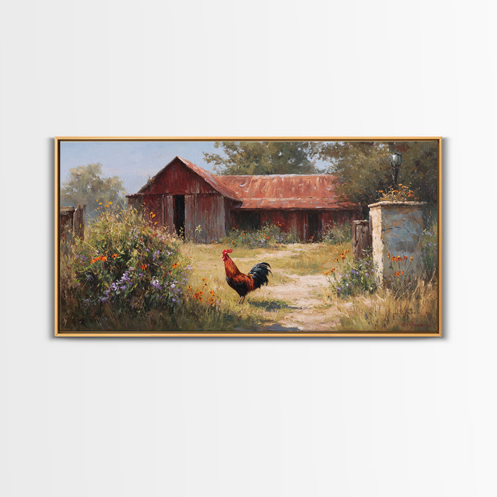 Rooster and Wildflower Country Portrait Canvas Print, Bed and Breakfast Art, Trendy Wall Art, Living Room Decor, BAB-2x1-87