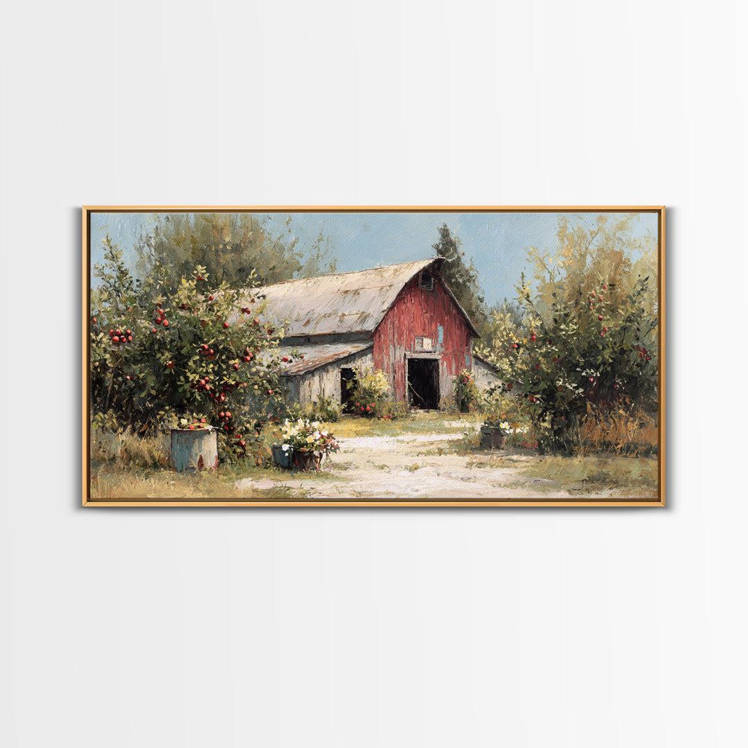 Apple Orchard Scene Framed Canvas Print, Bed and Breakfast Art, Decor, Living Room Decor, Fine Art, Dopamine Decor, BAB-2x1-9
