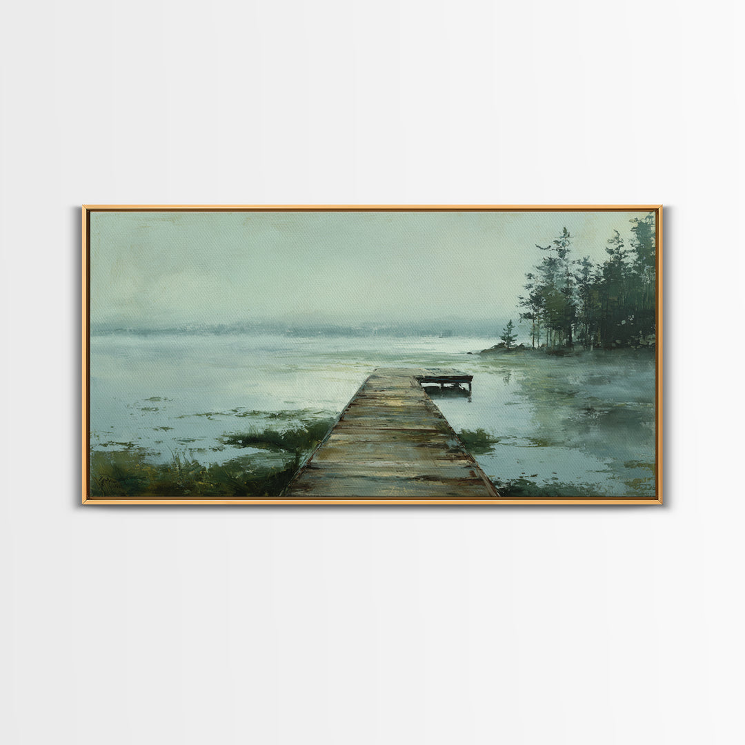 Quiet Lake Dock at Early Morning Framed Canvas Print, Bed and Breakfast Art, Digital Art, Living Room Decor, Fine Art, BAB-2x1-90