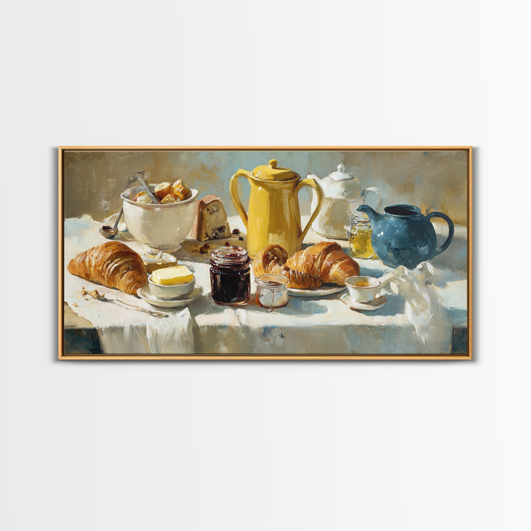 Fresh Croissants and Jam on a Linen Canvas Print, Bed and Breakfast Art, Printable, Living Room Decor, Fine Art, BAB-2x1-94