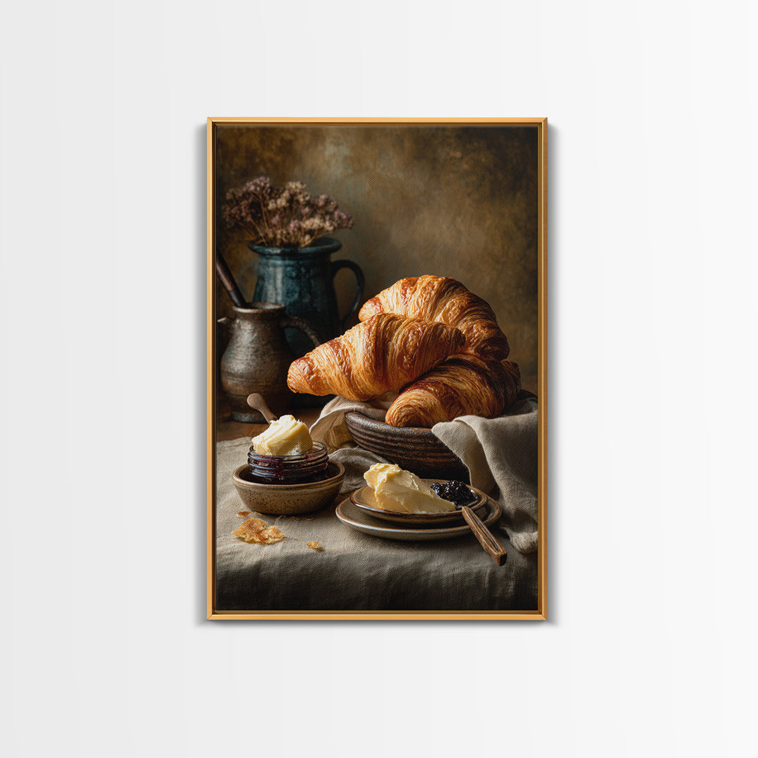 Fresh Croissants and Jam on a Linen Canvas Print, Bed and Breakfast Art, Contemporary Art, Living Room Decor, Abstract Art, BAB-2x3-10