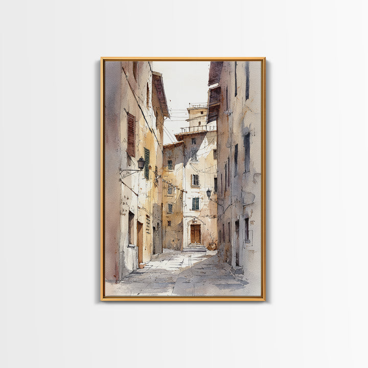 Soft Watercolor Village Street at Dawn Framed Canvas Print, Bed and Breakfast Art, Abstract Art, Living Room Decor, Fine Art, BAB-2x3-13