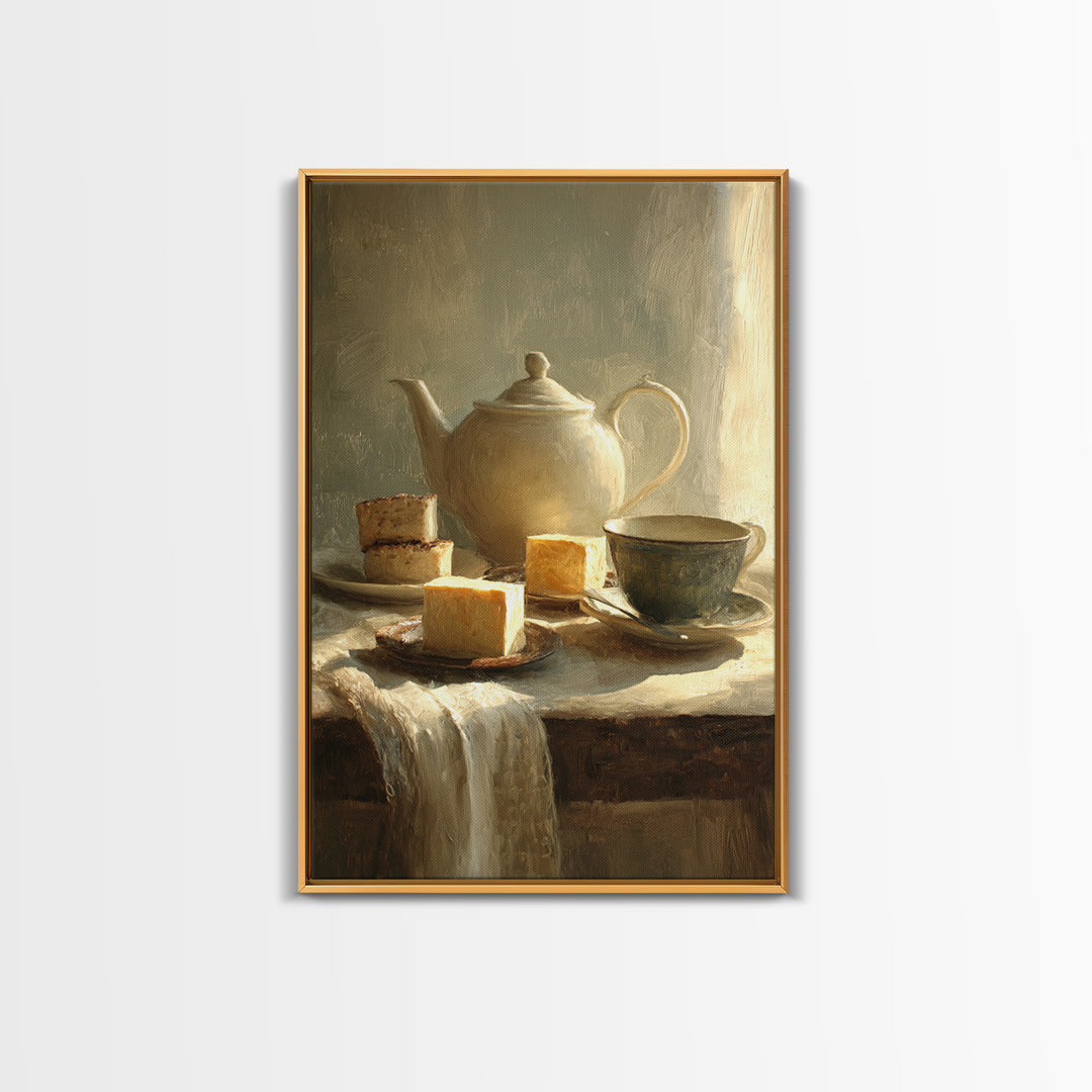 Porcelain Teapot and Scones Framed Canvas Print, Bed and Breakfast Art, Farmhouse Decor, Living Room Decor, Oil Painting, BAB-2x3-20