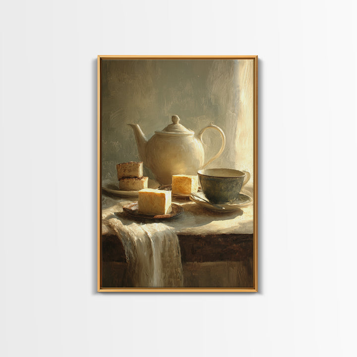 Porcelain Teapot and Scones Framed Canvas Print, Bed and Breakfast Art, Farmhouse Decor, Living Room Decor, Oil Painting, BAB-2x3-20