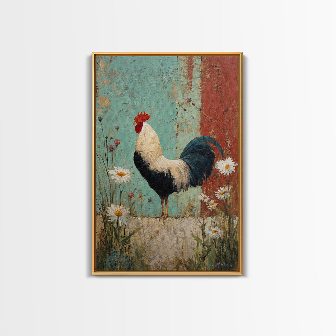 Rooster and Wildflower Country Portrait Canvas Print, Bed and Breakfast Art, Room Decor, Living Room Decor, Dopamine Decor, BAB-2x3-3