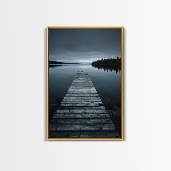 Quiet Lake Dock at Early Morning Framed Canvas Print, Bed and Breakfast Art, Minimalist Decor, Living Room Decor, Oil Painting, BAB-2x3-30